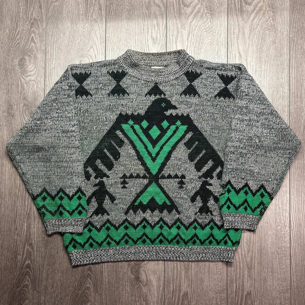 Vintage Thunder Bird Knit Sweater Grey Green Medium 1980s Nature